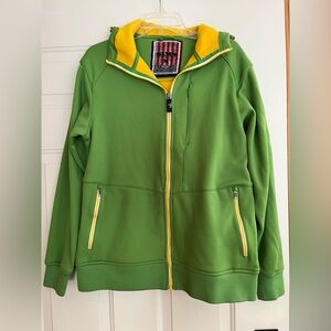 Mens Sims green and yellow  zip hoodie with pull toggles on hood. Size medium